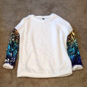 Shein Plush White W Yellow Blue Sequin Sleeve Size Large Fleece Fun Winter Fall